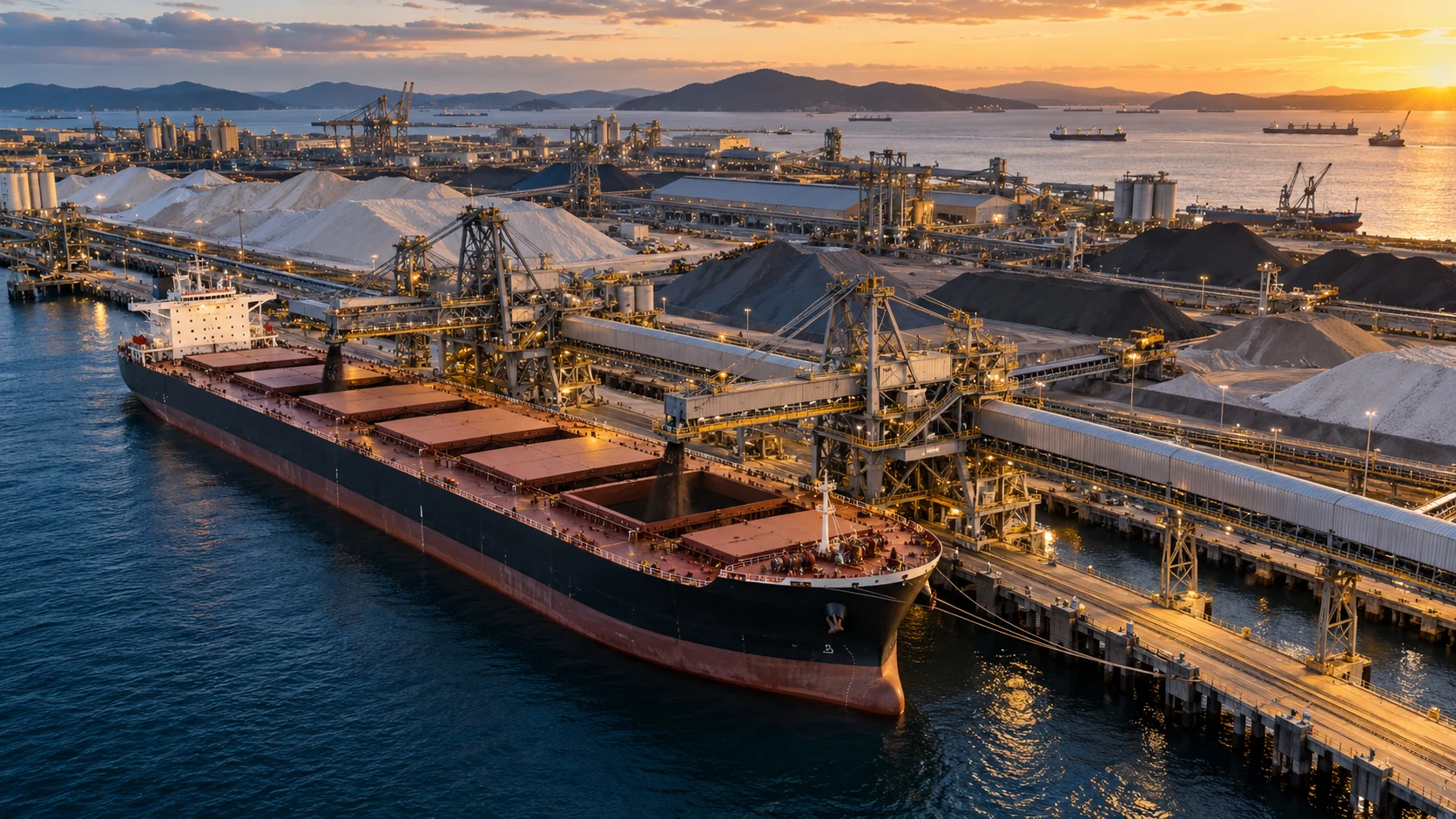 Conceptual image of a large bulk carrier and raw materials terminal at sunset