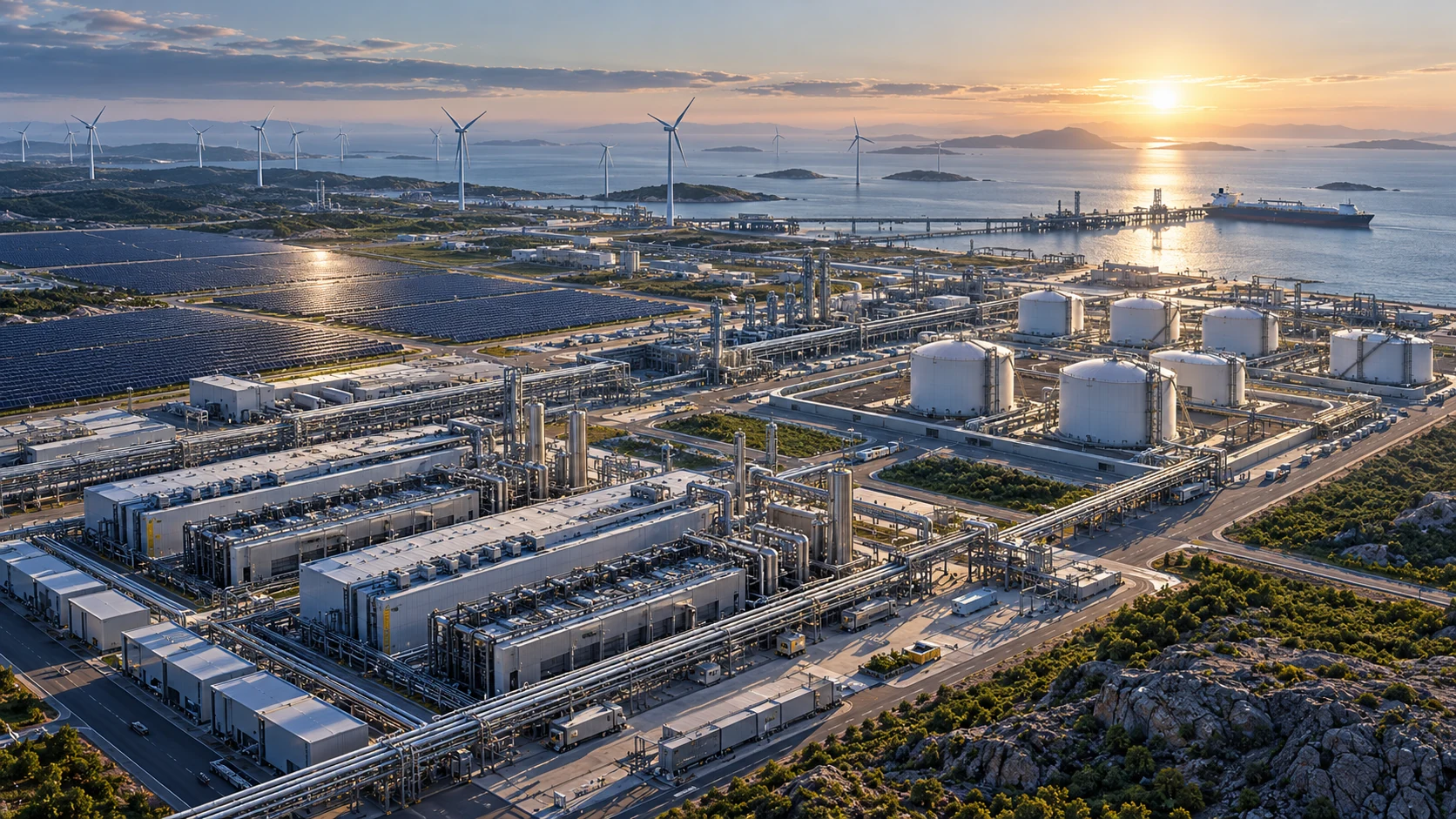 Conceptual view of industrial production, solar and wind energy near a port