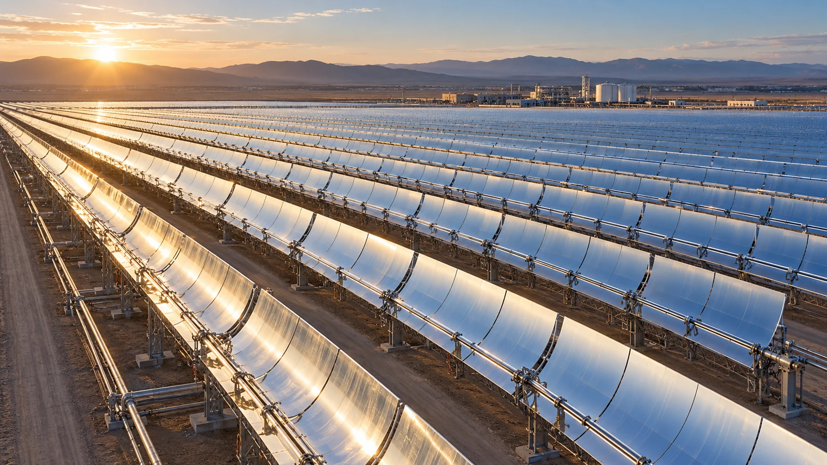 Conceptual image of an extensive glass mirror field for concentrated solar power