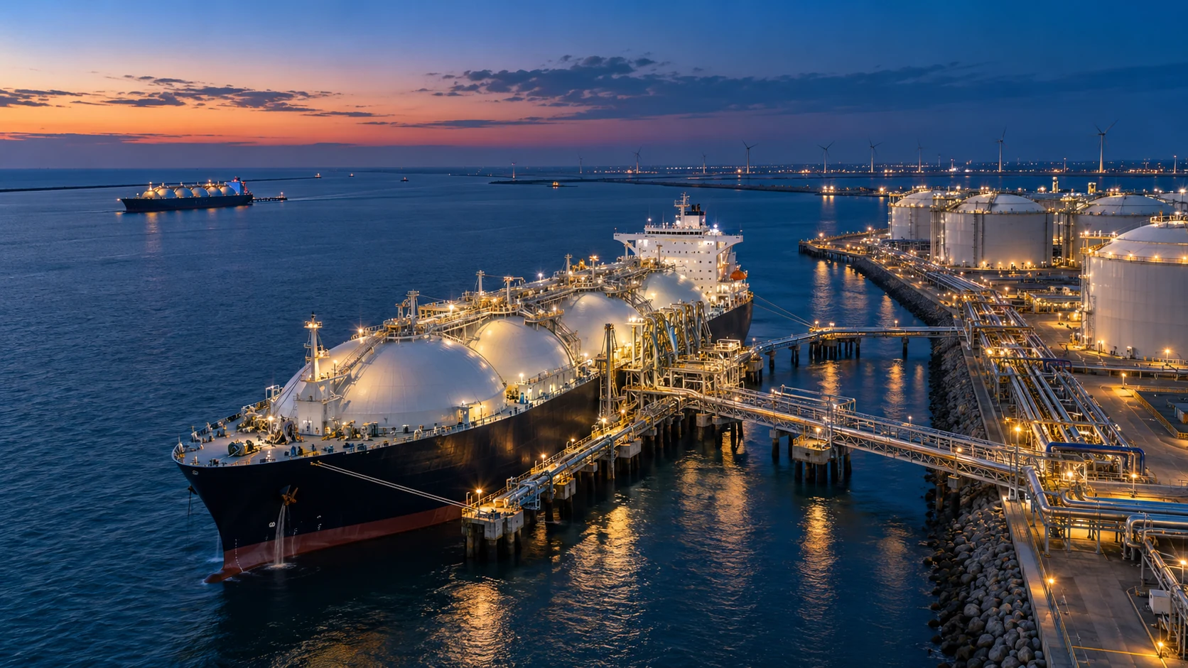 Conceptual view of a large gas carrier at an industrial export terminal